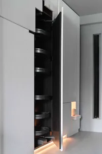 Modern kitchen with grey metal cabinet detail