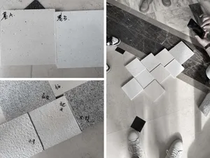 Concrete floor tiles displayed in various arrangements on a neutral background.