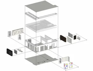 Exploded view of a minimalist cement interior space