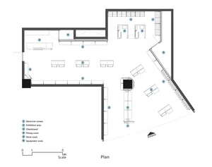 2D architectural drawing of a retail space with exhibition areas, checkstands, fitting rooms, storage areas, and equipment ro