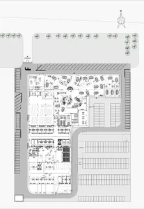 Floor plan of a car wash center with concrete elements.