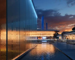 Modern architecture featuring glass and concrete materials.