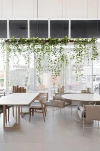Modern cafe interior with white tables and chairs, wood composite flooring, and green hanging plants.