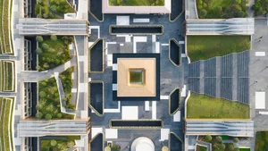 An aerial view of a modern public space with concrete, grass, and water features.