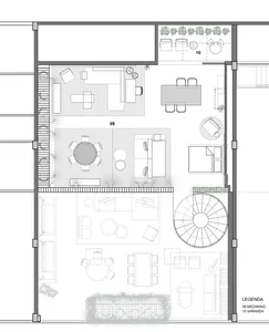 Modern residential interior layout with living, dining, and sleeping areas.