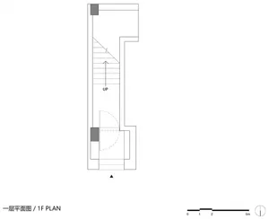 A detailed architecture design plan with a staircase and a room labeled 'UP'.