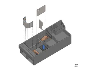 Isometric diagram of an industrial floor plan with metallic walls, showing various functional zones and structural elements.