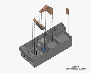 A detailed architectural plan depicting the main constructional elements of a building, including stairs, walls, and other st