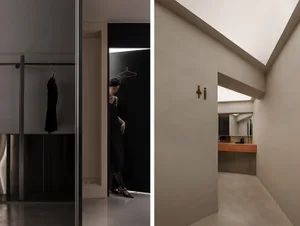 A modern clothing store hallway with metallic finishes.
