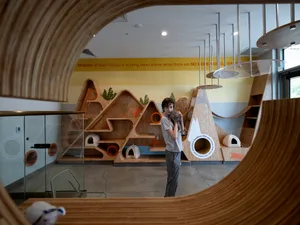 A cat shelter with modern design features made of wood.