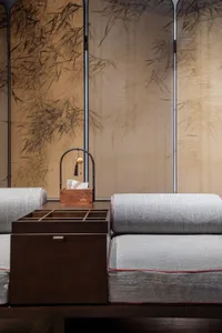 A cozy living room featuring a comfortable couch with a wooden coffee table and a decorative tissue box.
