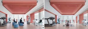 Modern health club interior with contemporary fitness equipment and design.