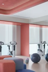 Minimalist-style gym space with exercise bikes, workout balls, and ombre-colored seating.