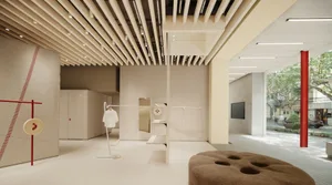 A minimalist retail store featuring wood, concrete, and glass materials.