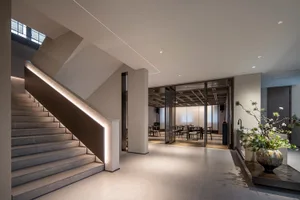 Modern commercial space featuring a concrete staircase with ambient lighting and a serene indoor plant.