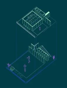 Isometric architectural drawing of a contemporary interior space with minimalist design features.