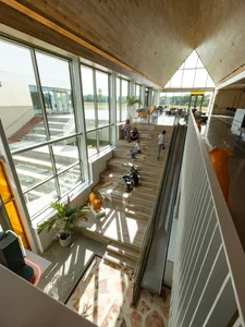 An interior view of a modern office space featuring wood, glass, and concrete materials.