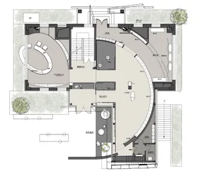 Modern presentation hall with a central circular space and concrete finish
