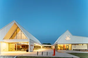Modern exterior of a public facility made primarily of metal