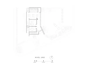A modern residential interior design floor plan showing the layout and features of the ground level.