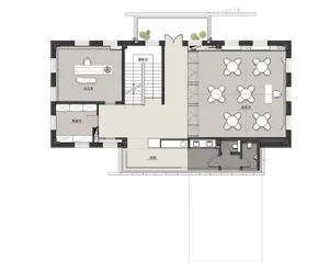 Floor plan of an office space showing an office room, preparation room, staircase, meeting room, and kitchenette.