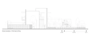 An architectural line drawing depicting a principal facade with trees and a small building in the background.