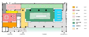 Floor plan of an interior space showcasing various design elements and sections.