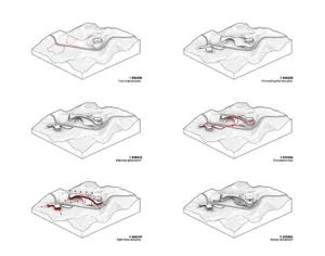 A series of architectural renderings illustrating the design process of a space