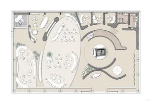 Floor plan of a modern corporate space with concrete finishes, showing various seating arrangements and office layouts.