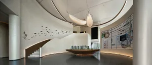 Modern Art Deco interior with minimalist design and concrete elements.