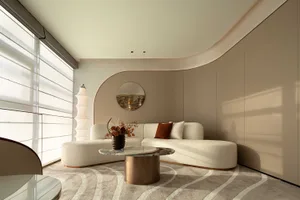 A modern living room with a marble and leather furniture set