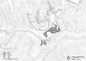 A detailed topographic map showing a landscape architecture design with shaded areas, roads, and buildings.