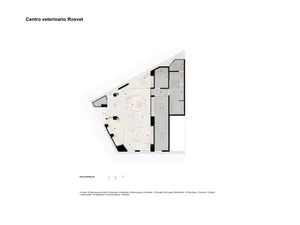 2D architectural plan of a veterinary hospital with white marble flooring.
