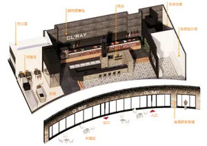3D rendering of a retail meat market and restaurant with brick and concrete materials.