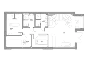 Minimalist residential layout featuring a living room, bedroom, and bathroom with modern design elements.