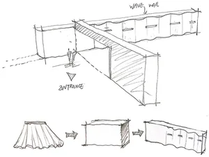 A black and white architectural drawing of a modern bathroom featuring glass walls and a white ceiling.