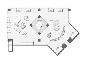 Modern living space with a neutral color palette featuring rest areas, a fitting room, and multiple display zones.