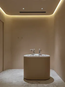 Minimalist bathroom with a white ceramic tub and sleek, modern design.