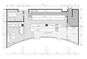 Detailed restaurant kitchen floor plan showing various workstations, storage areas, and operational zones.