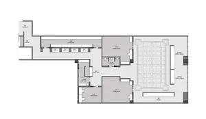 Technical drawing of a retail space design with detailed layout and functional zones including display areas, fitting rooms,