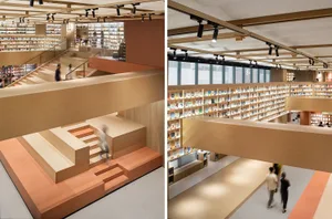 現代工業風圖書館室內設計，搭配木質書架、玻璃牆面與混凝土地板。