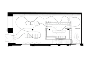 A detailed 2D architectural plan of a modern office space featuring concrete finishes.