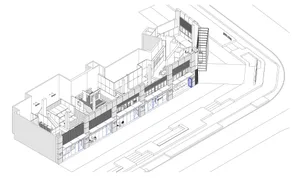 An architectural rendering of a modern building interior showcasing metal, glass, and concrete materials.