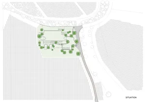 A detailed architectural plan showing the layout of a landscape architecture design with fractal-patterned texture and trees.