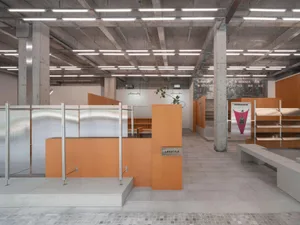 Industrial retail space featuring metal elements and modern design.