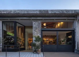 Urban retail storefront with concrete facade and large glass windows.