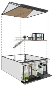 An illustration of a modern interior space featuring concrete, glass, and potted plants.