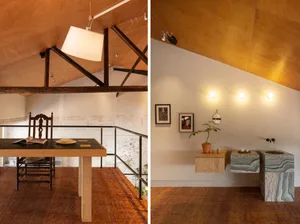 A minimalist office space featuring wooden elements.