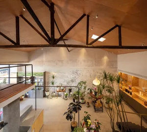 Indoor plant shop featuring concrete and wooden surfaces, metal railings, and a variety of potted plants.