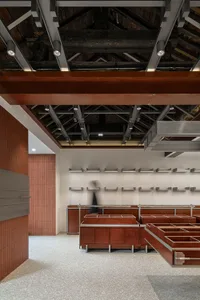 Modern retail storefront featuring wooden elements
